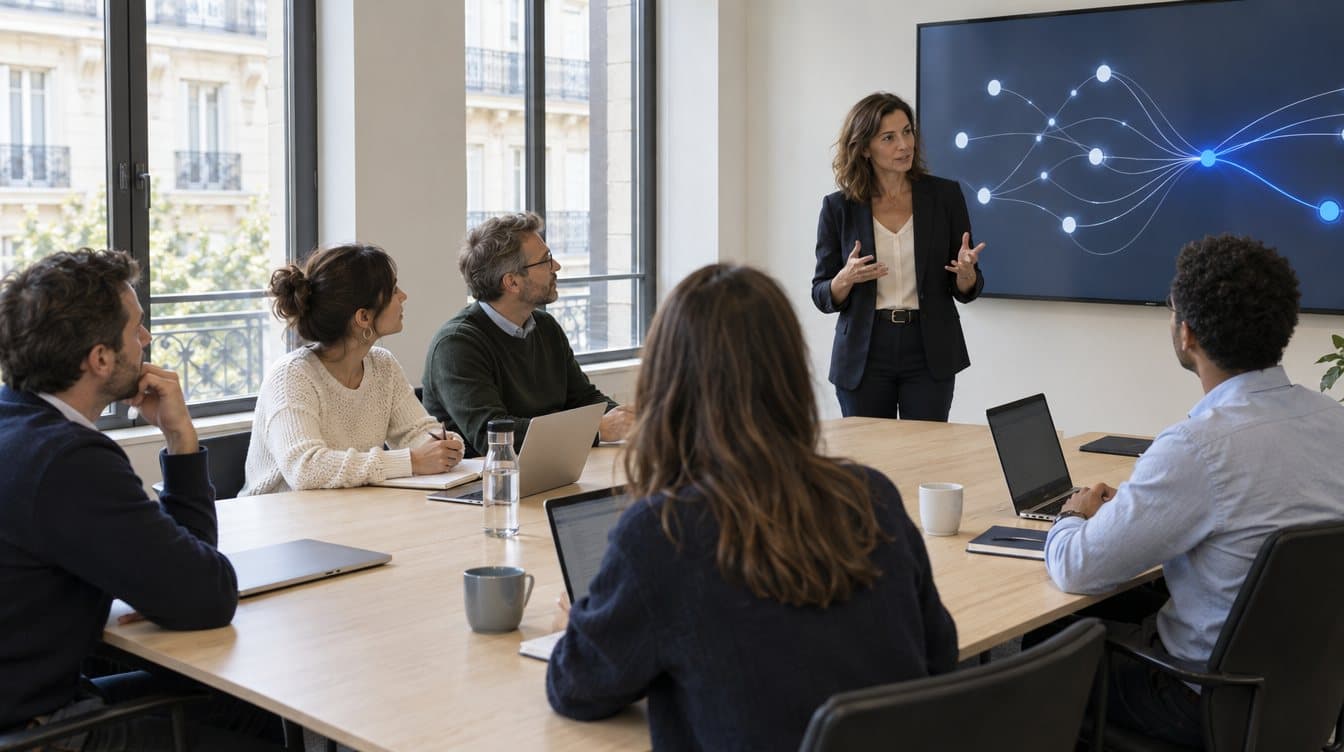 Une formatrice anime une session Workflow IA devant une équipe en entreprise